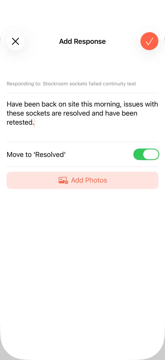 An assignee's response to a snag, with their note typed and the switch that moves it to resolved