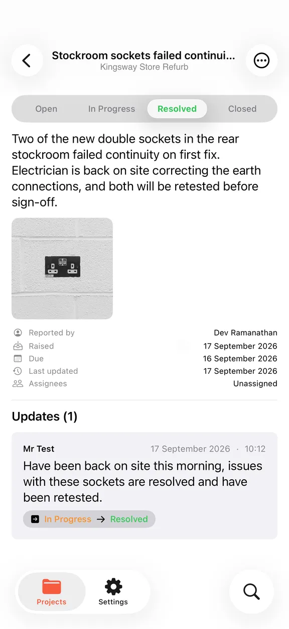 The same snag once the response is saved, showing it on the update trail and the move to resolved
